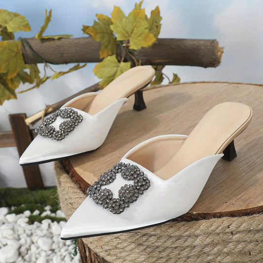 Rhinestone Buckle Kitten Heels Pointed Toe Slingback Sandals