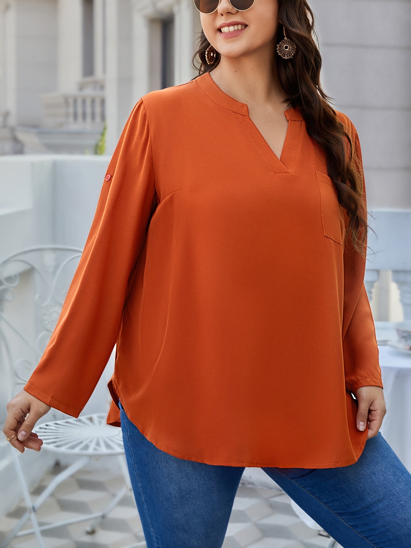 Casual Blouse Womens Solid Roll Up Long Sleeve