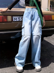 Embossed Cargo Jeans Elastic Waist Pop Style Denim Pants