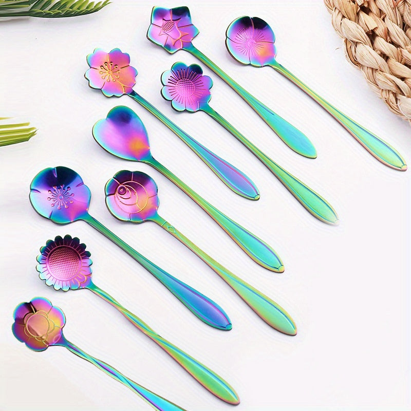 9pcs Stainless Steel Flower Coffee & Dessert Spoons, Rose Silver-Plated