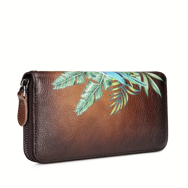Vintage Tropical Floral Tote Bag Brown Leather Zip Closure
