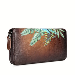 Vintage Tropical Floral Tote Bag Brown Leather Zip Closure