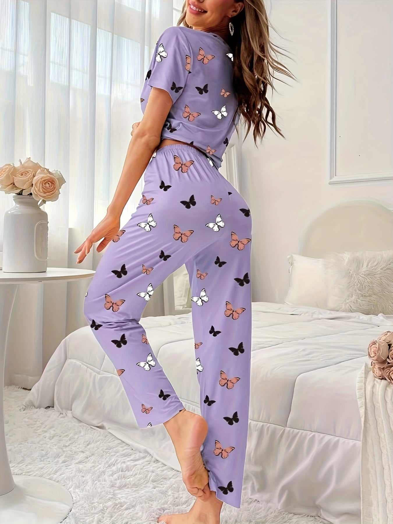 Butterfly Print Pajama Set Short Sleeve Crew Neck Top & Elastic Waistband Pants