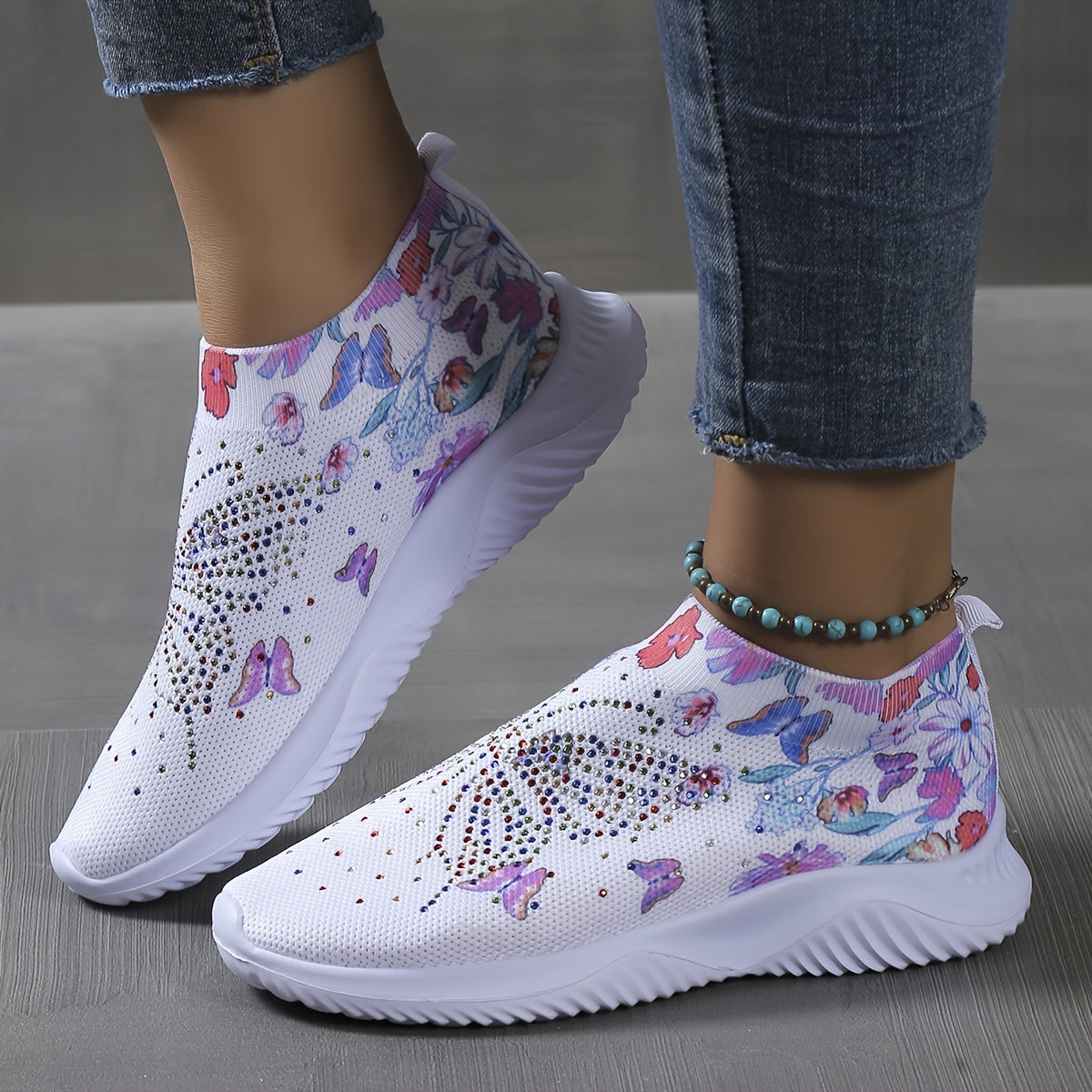 Floral Printed Butterfly Slip On Sneakers Rhinestone Decor Knitted Shoes