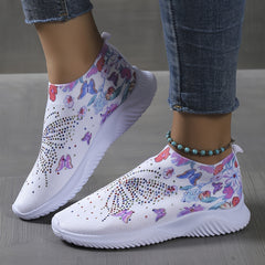 Floral Printed Butterfly Slip On Sneakers Rhinestone Decor Knitted Shoes