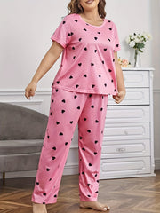 Heart Print Tee & Pants Loungewear Set Women's Two Piece Set