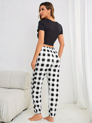 Plaid Print Pajama Set Short Sleeve Top & Pants