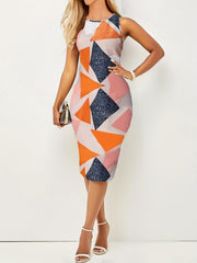 Contrast Crew Neck Dress Sleeveless Bodycon Midi Dress