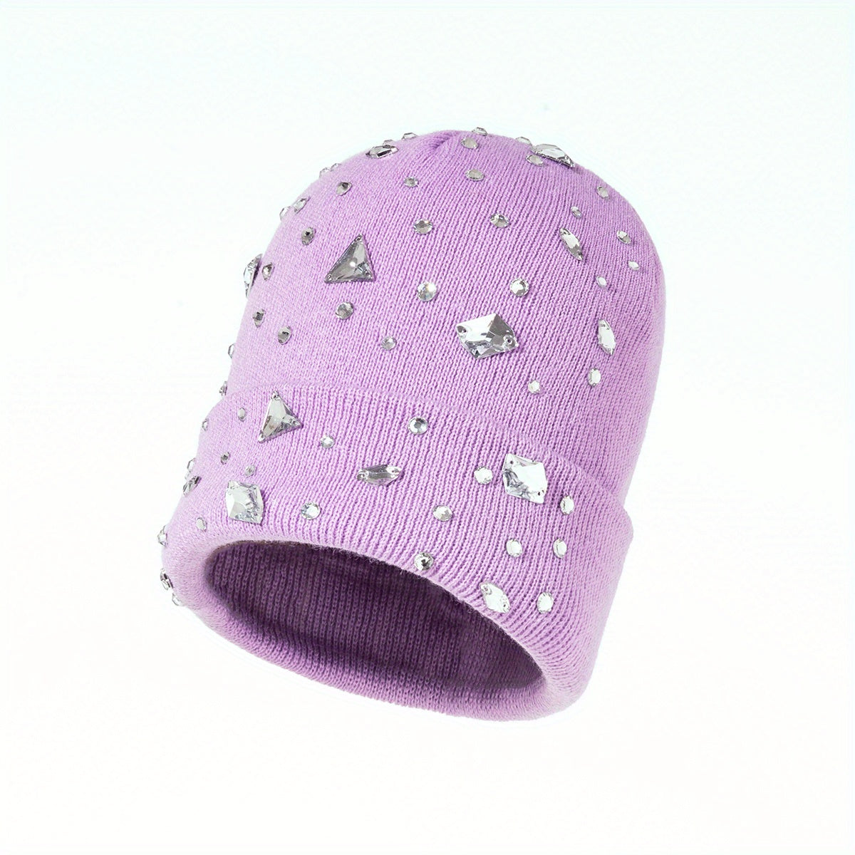 Purple Rhinestone Decor Beanie Knit Hat