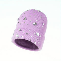 Purple Rhinestone Decor Beanie Knit Hat