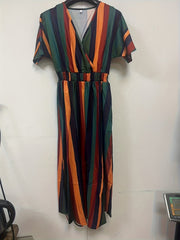Striped Boho Surplice Neck Dress High Waist Short Sleeve