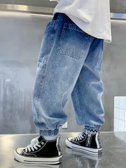 Boys Tapered Cargo Denim Jeans Elastic Waist Kids Clothes