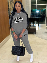 Casual Letter Print Two-piece Set Crew Neck Long Sleeve Tops & Jogger Pants