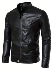 Men's PU Zip Up Stand Collar Faux Leather Jacket