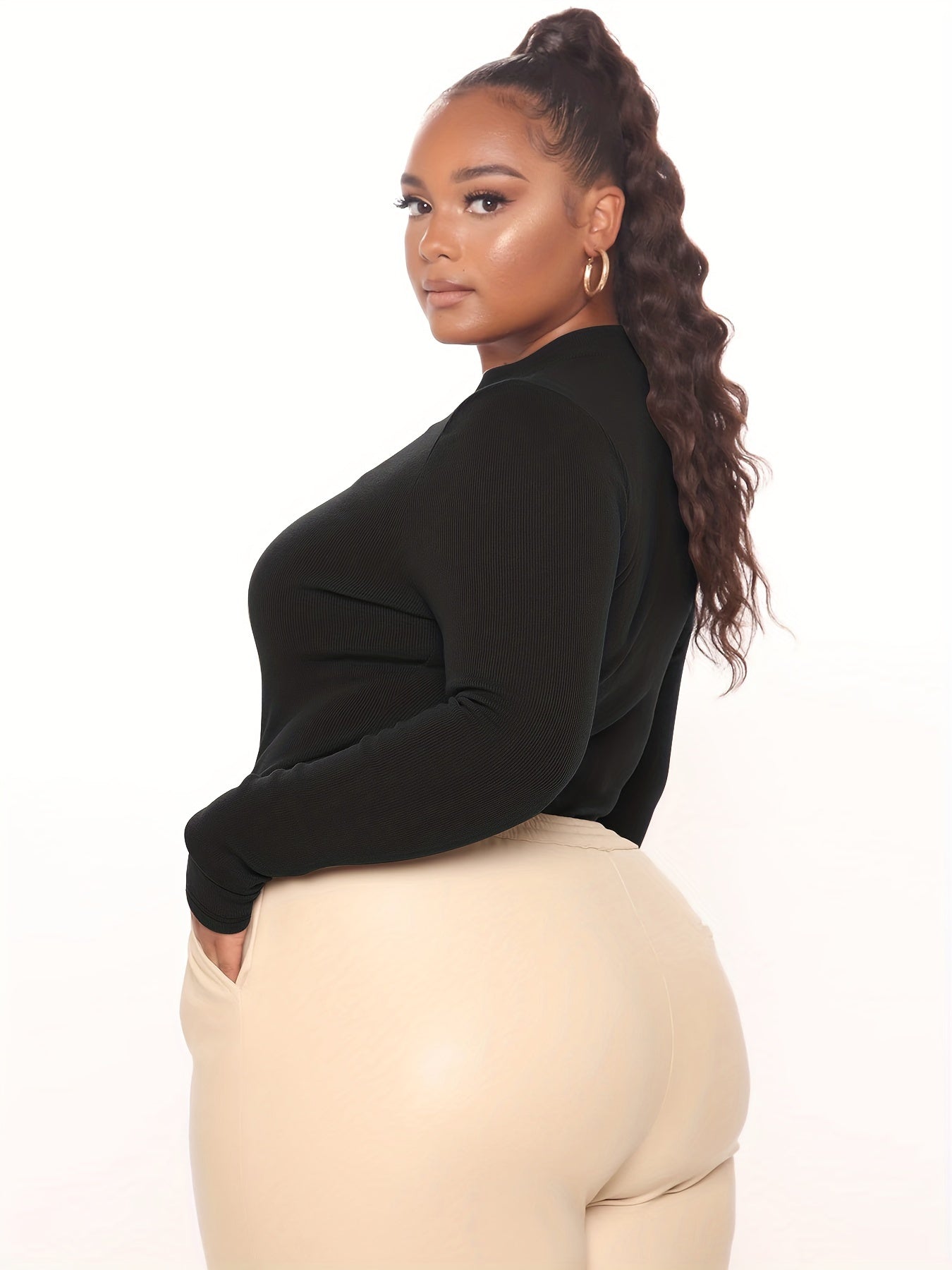 Sexy Bodysuit Ribbed Zipper Long Sleeve Round Neck Skinny