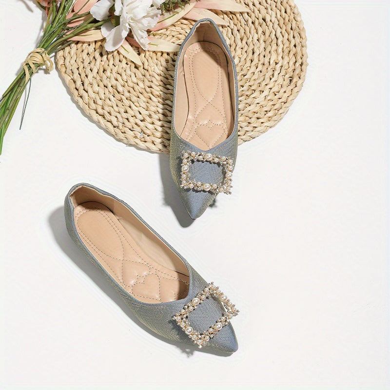 Pearl Buckle Flat Shoes Point Toe Soft Sole Lightweight Walking Shoes