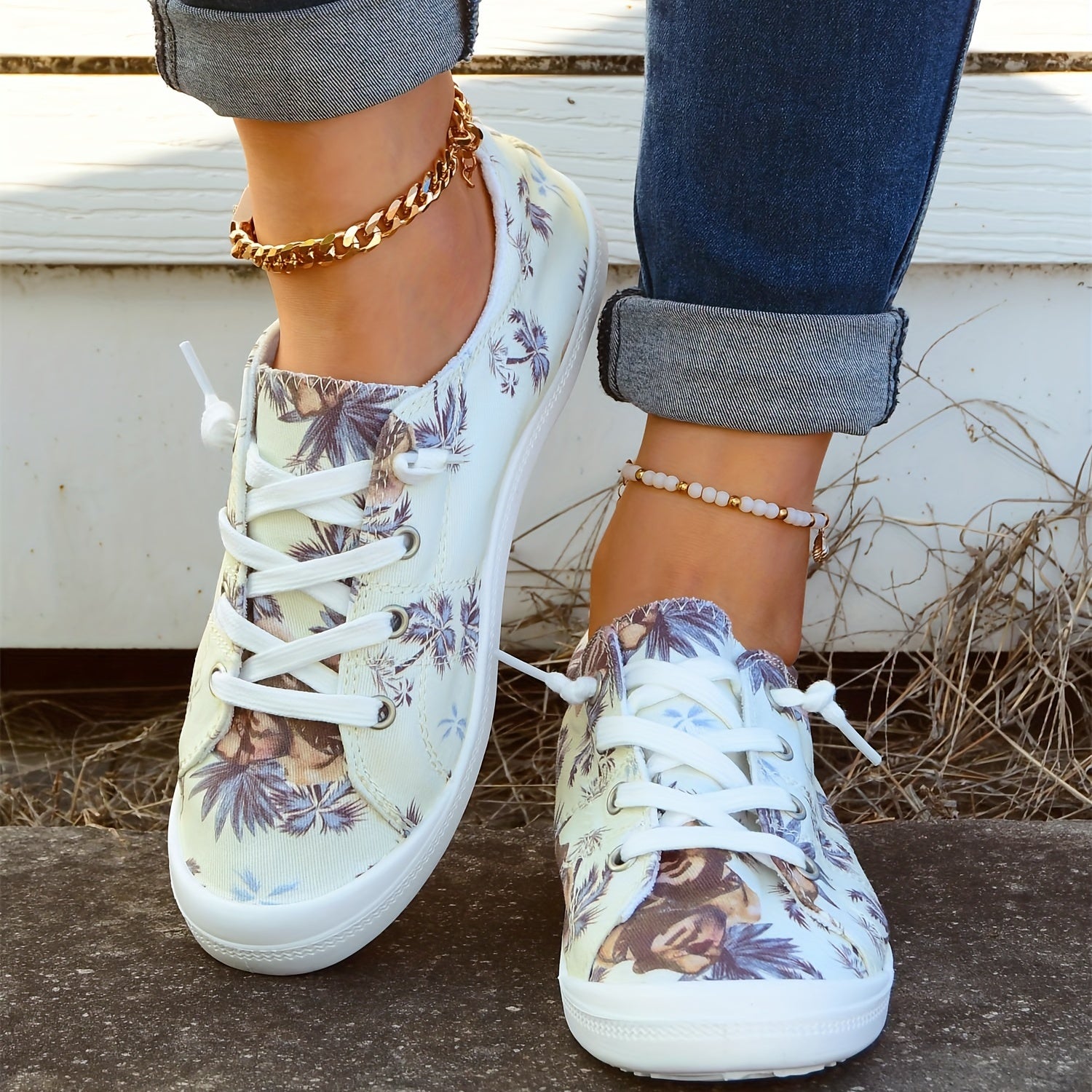 Women's Coconut Tree Pattern Canvas Shoes Lace Up Flat Walking Shoes
