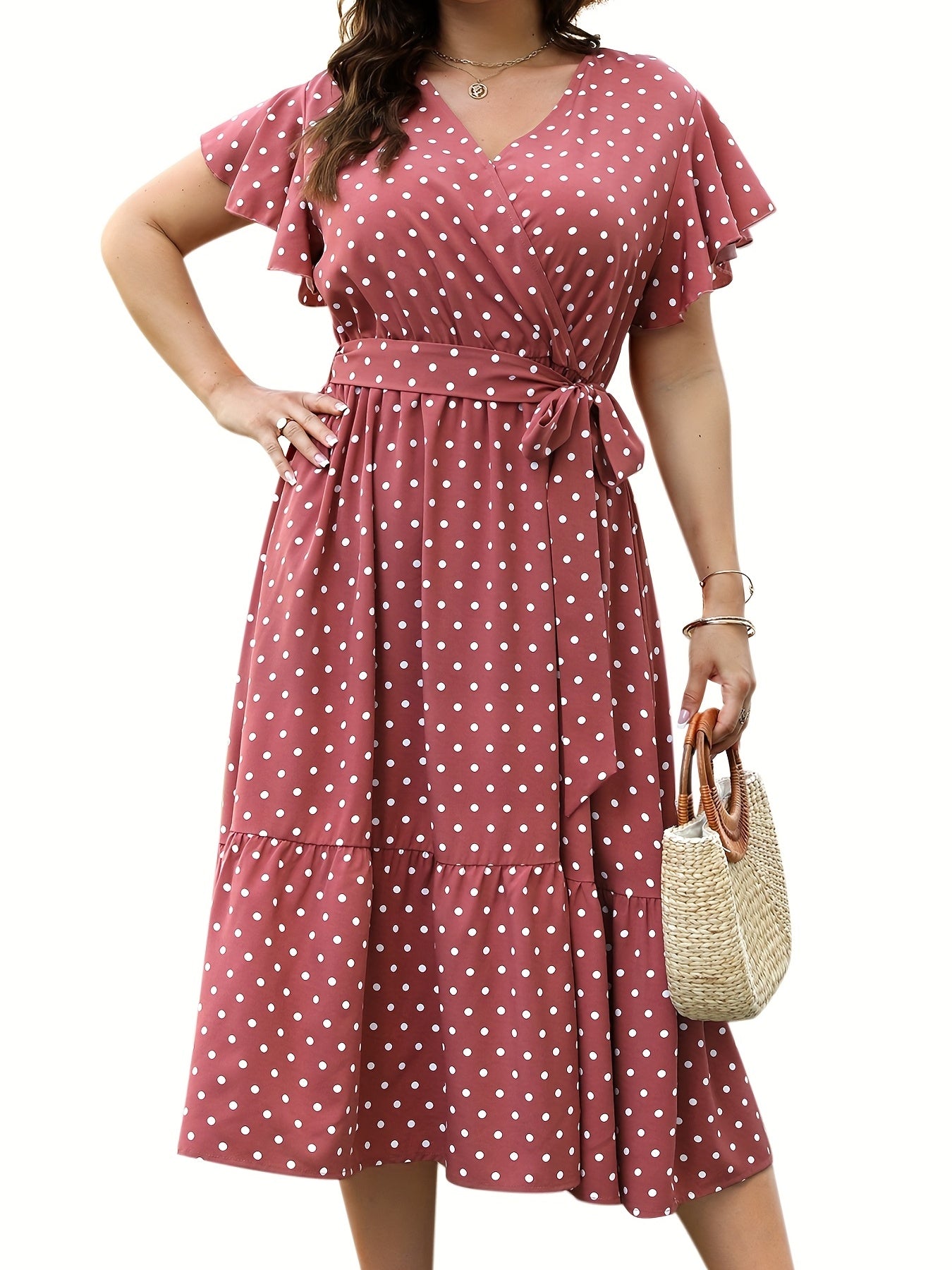 Dot Print Ruffle Sleeve V Neck Dress With Pockets