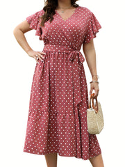 Dot Print Ruffle Sleeve V Neck Dress With Pockets