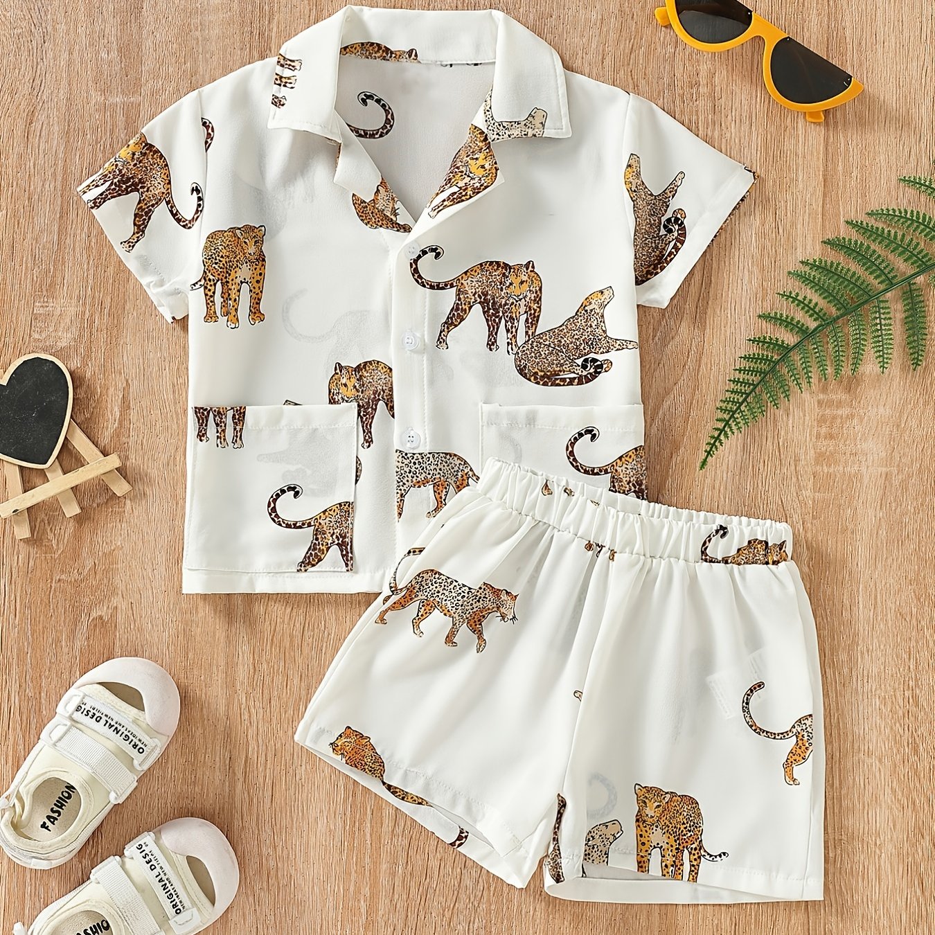 Boys Tiger Print Pocket Shirt & Shorts Set Toddler Summer Clothes