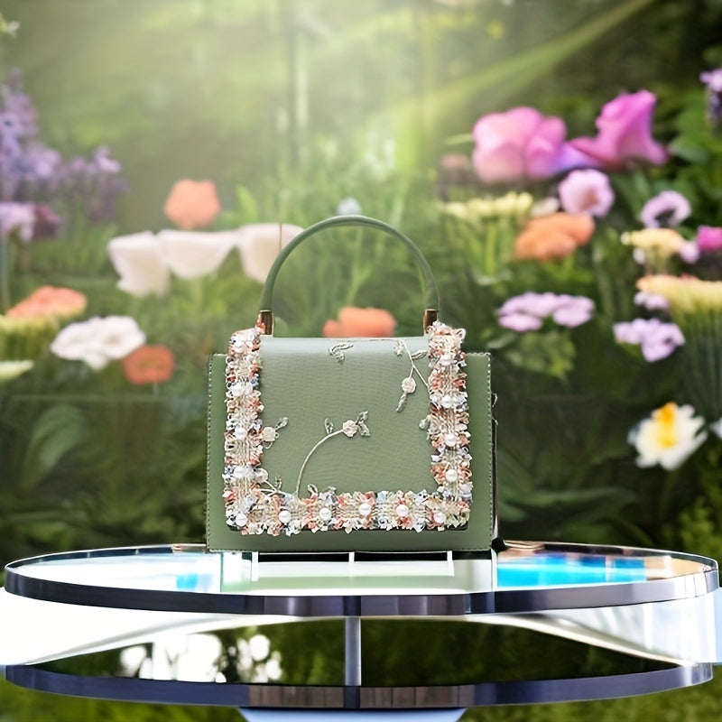 Floral Embroidery Handbags Faux Pearl Decor Crossbody Bag Sweet Purses