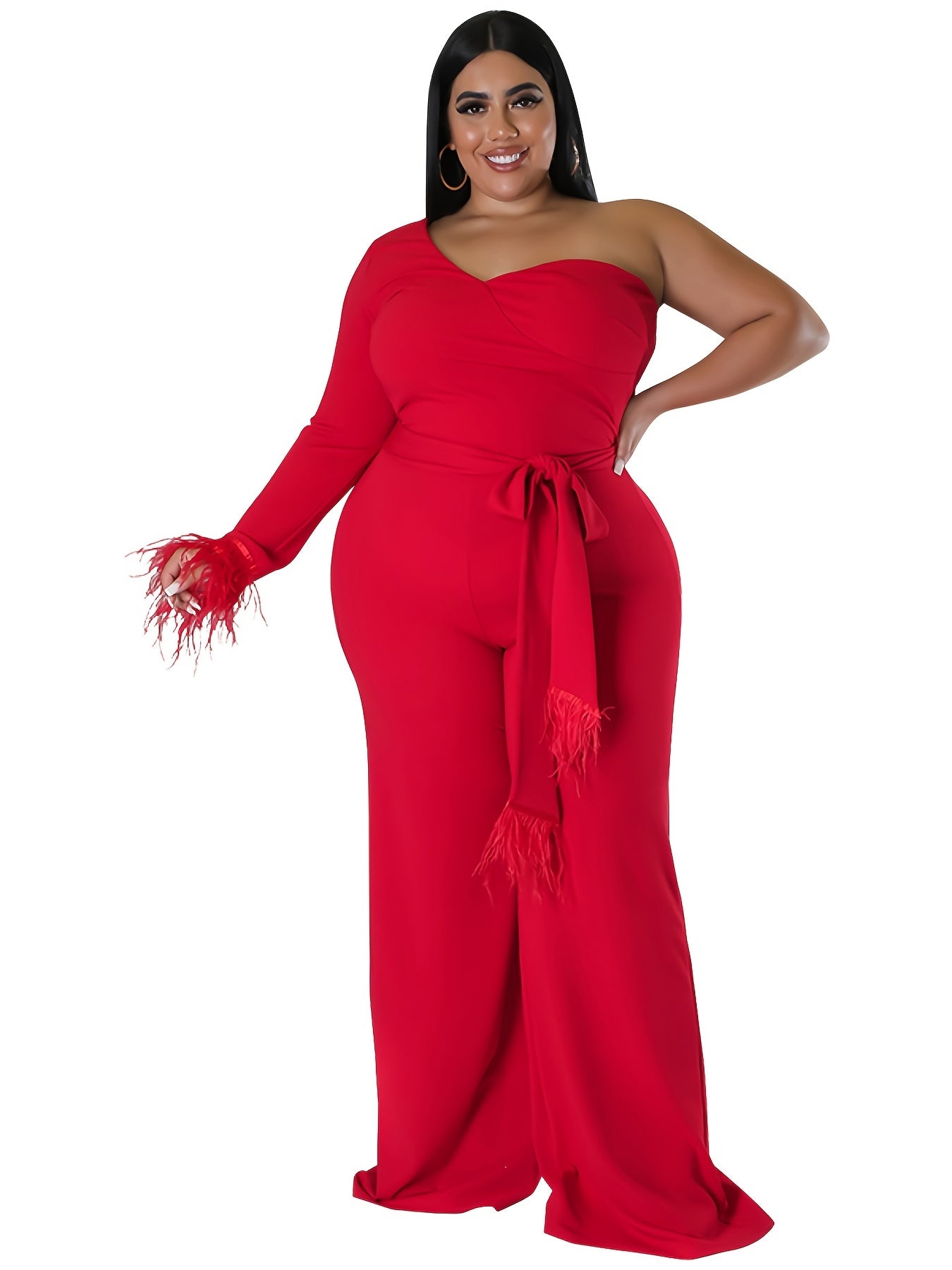 Solid Tassel Trim One Shoulder Jumpsuit Plus Size