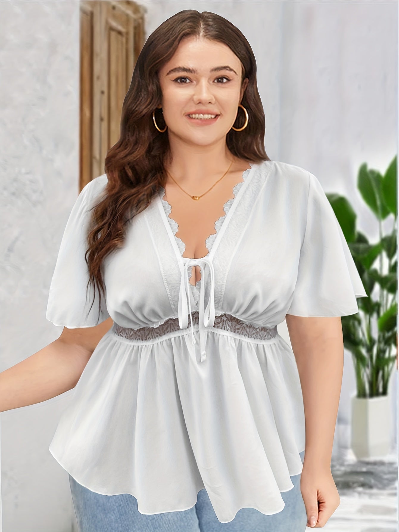 Lace Short Sleeve Peplum Blouse