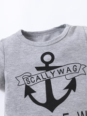 2pcs Boys Anchor & Letter Print Tee Top & Shorts Set Kids Summer Clothes