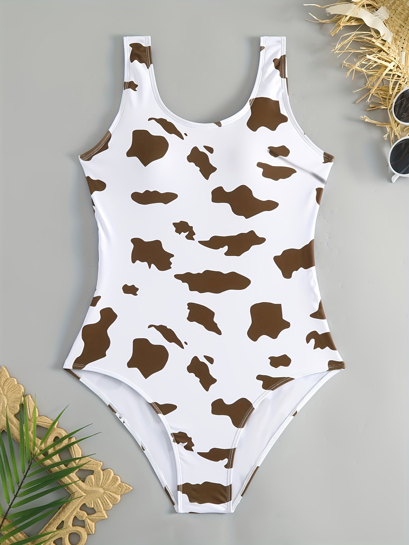 Cow Print Round Neck One Piece Swimsuit