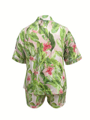 Women's Plus Floral Print Button Up Shirt & Shorts Pajama Set