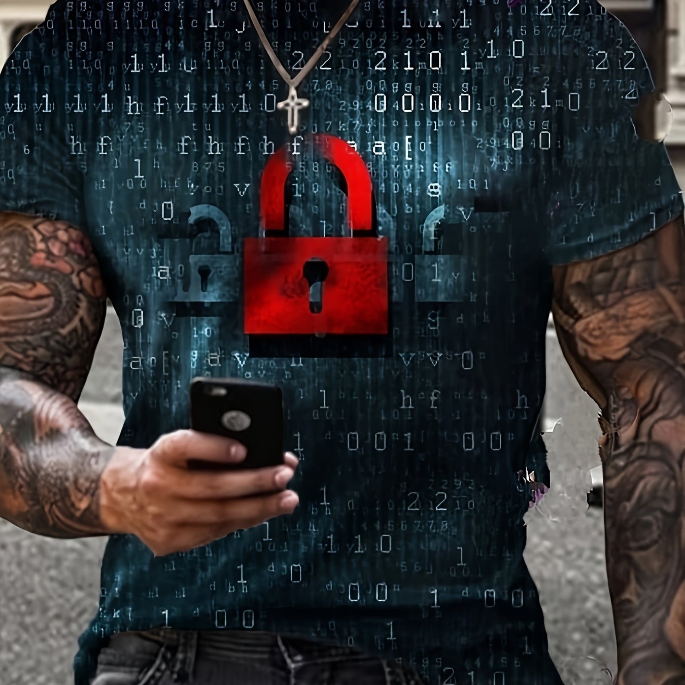 LOCK Pattern Print Men's Short Sleeve Comfy T-shirt Graphic Tee