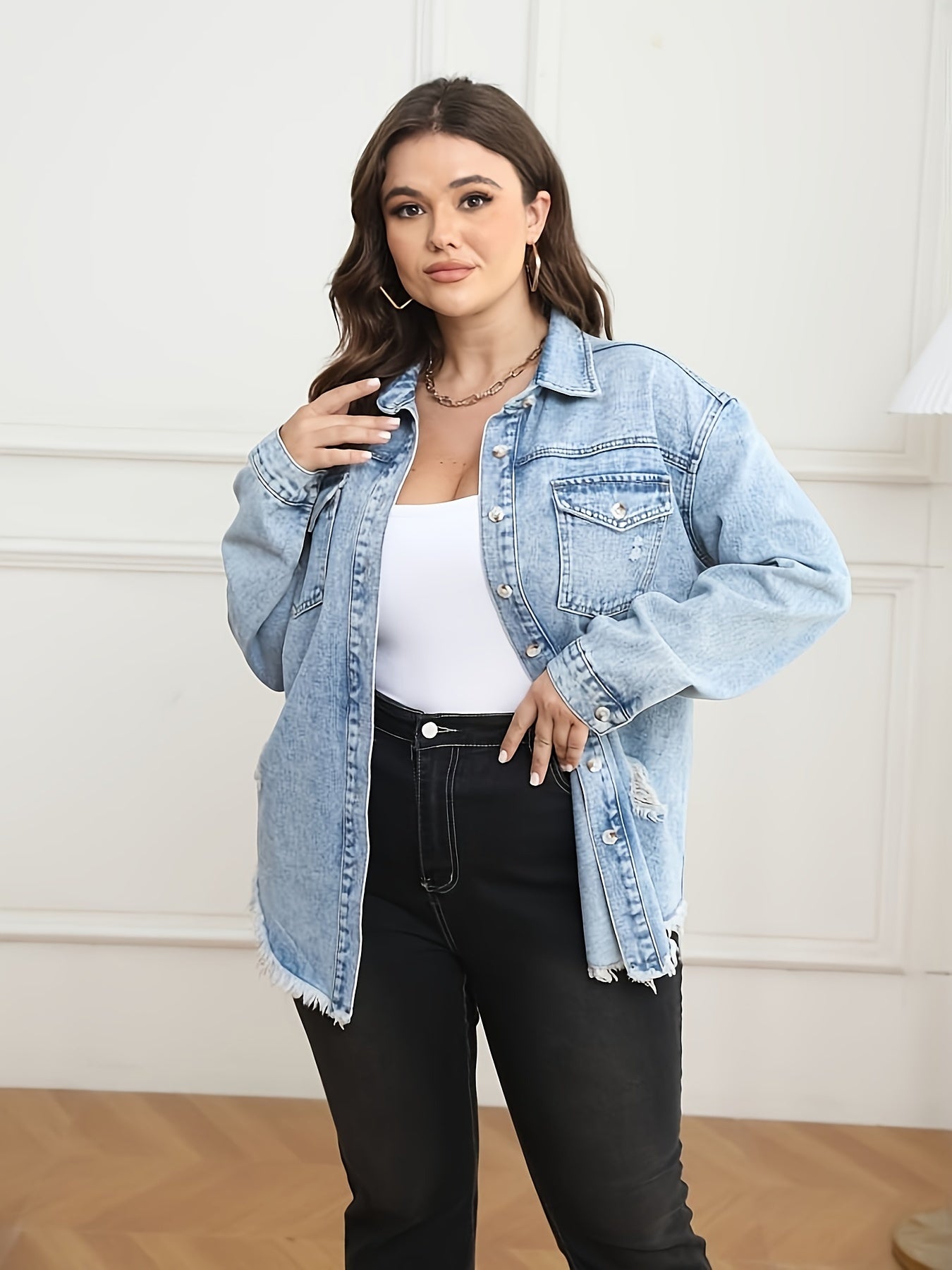 Casual Denim Top Women's Washed Ripped Button Up
