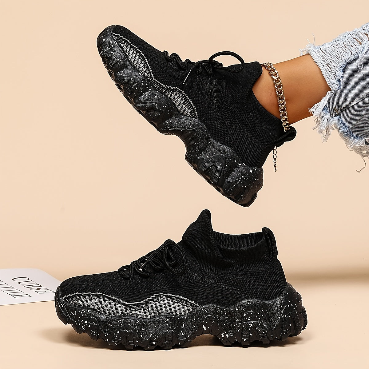 Women's Anti-slip Knit Sneakers Low Top Lace Up Casual Shoes