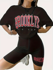 Letter Print Casual Set Crew Neck Tee & Workout Slim Short