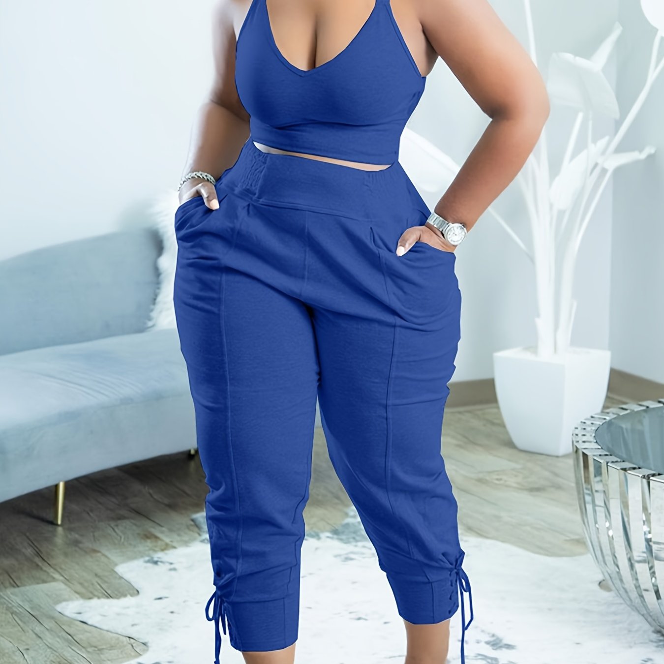 Solid Two-piece Set Cross Crop Tank Top & High Waist Pants