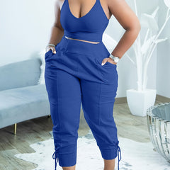 Solid Two-piece Set Cross Crop Tank Top & High Waist Pants