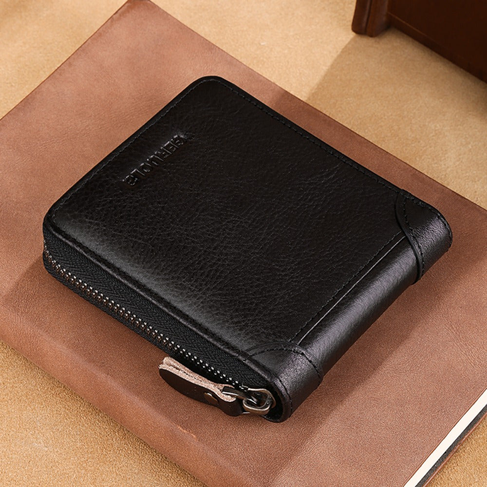 RFID Secure Leather Zipper Wallet Large Capacity Double Fold Card Wallet for Men