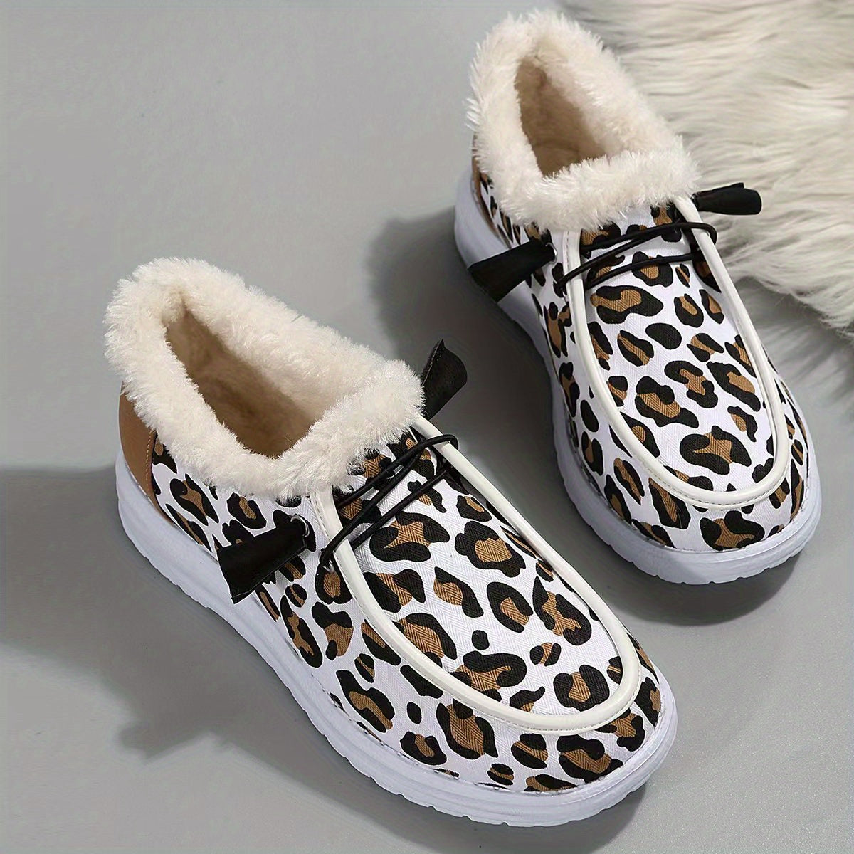 Leopard Print Plush Lined Snow Boots Slip On Canvas Winter Ankle Boots