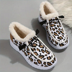 Leopard Print Plush Lined Snow Boots Slip On Canvas Winter Ankle Boots