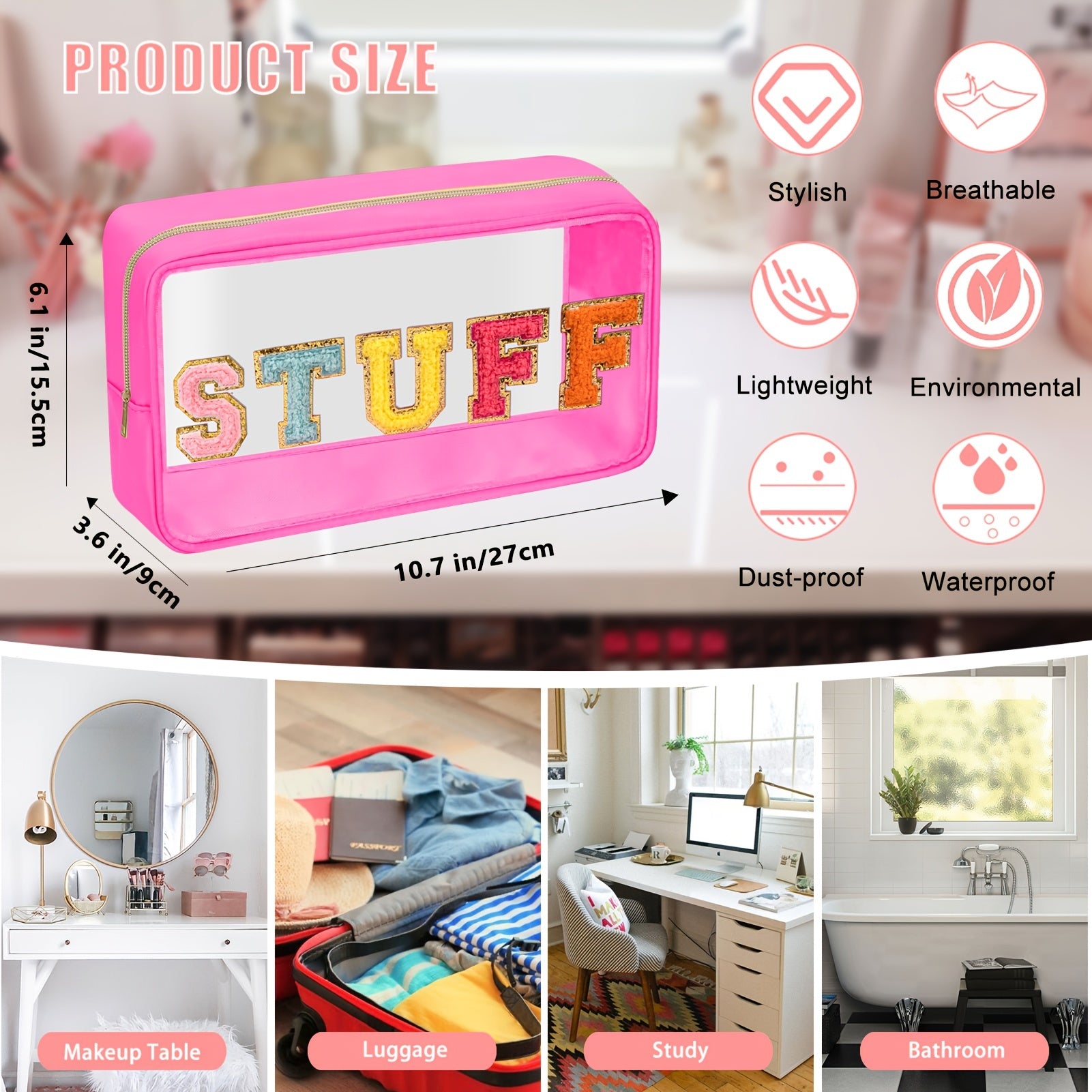 Chenille Letter Clear Makeup Bags Preppy Patch with Zipper