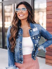 Ripped Holes Denim Jackets Long Sleeves Distressed