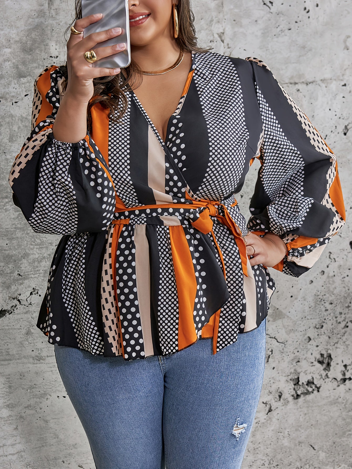 Colorblock Lantern Sleeve Wrap Top With Belt