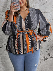 Colorblock Lantern Sleeve Wrap Top With Belt