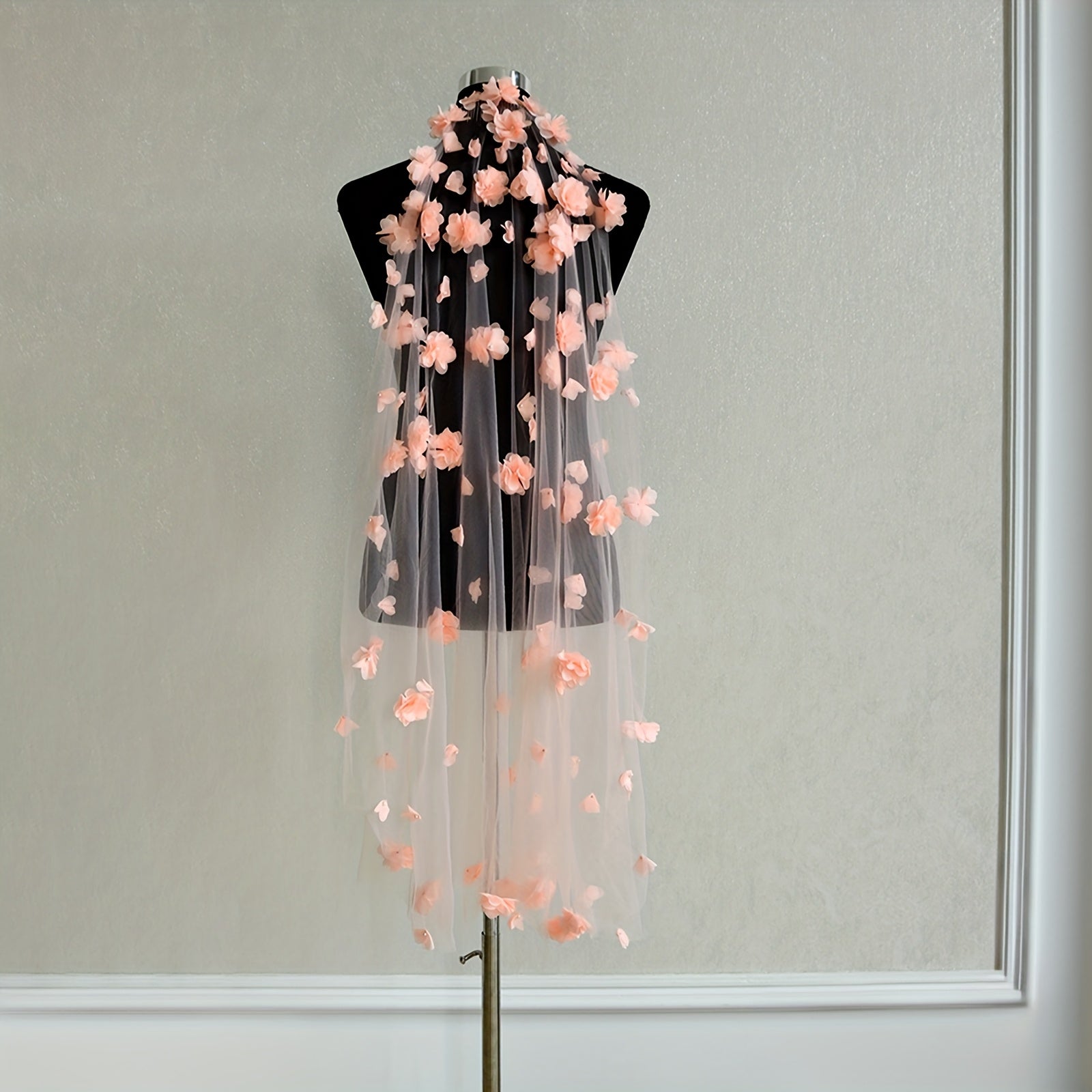Romantic 3D Floral Bridal Veil Pink Flowers Long Finger Length
