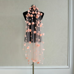 Romantic 3D Floral Bridal Veil Pink Flowers Long Finger Length
