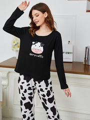 Cow Print Lounge Set Crew Neck Top & Pants Women's Loungewear