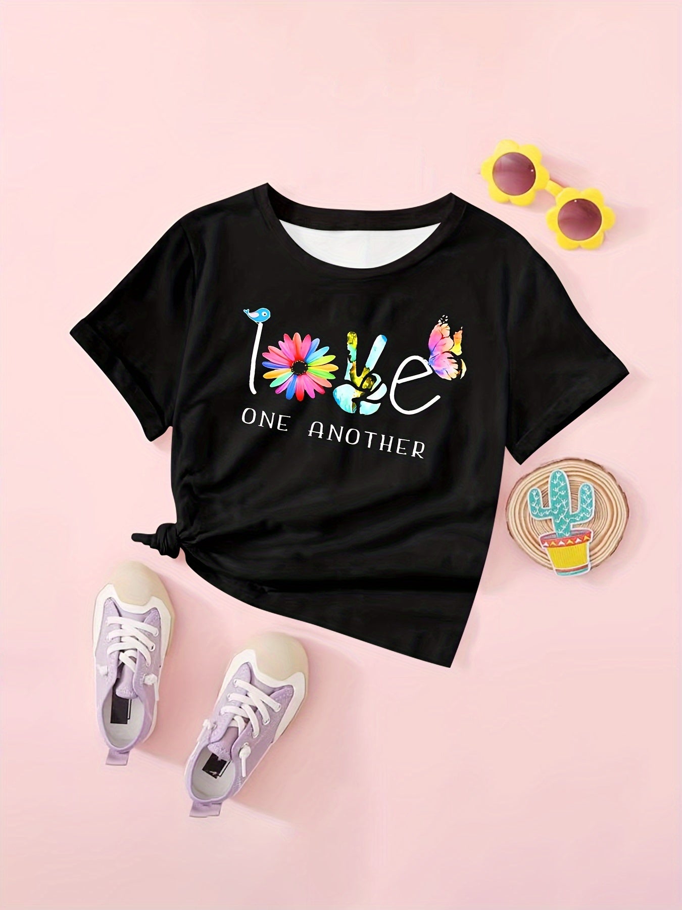 LOVE & Butterfly Graphic Short Sleeve T shirt Girls Versatile Pullover Tops