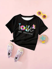 LOVE & Butterfly Graphic Short Sleeve T shirt Girls Versatile Pullover Tops