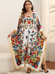 Boho Cover Up Dress Plus Size Print Bat Sleeve V Neck Slight S
