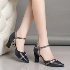 Flower Block Heel Dress Pumps, Point Toe, Buckle Strap